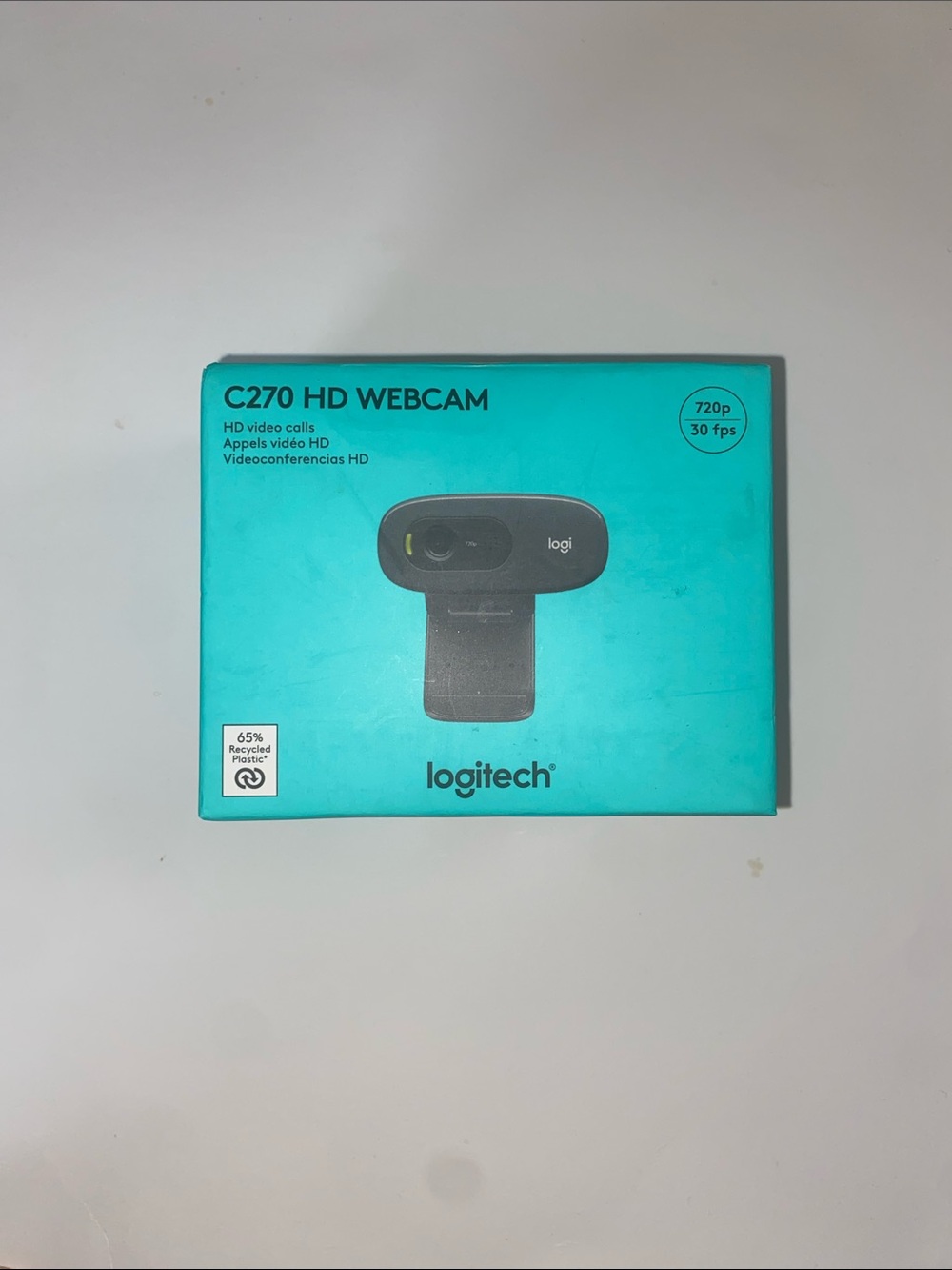 Logitech C270 HD Webcam in Teal Packaging with Black Camera